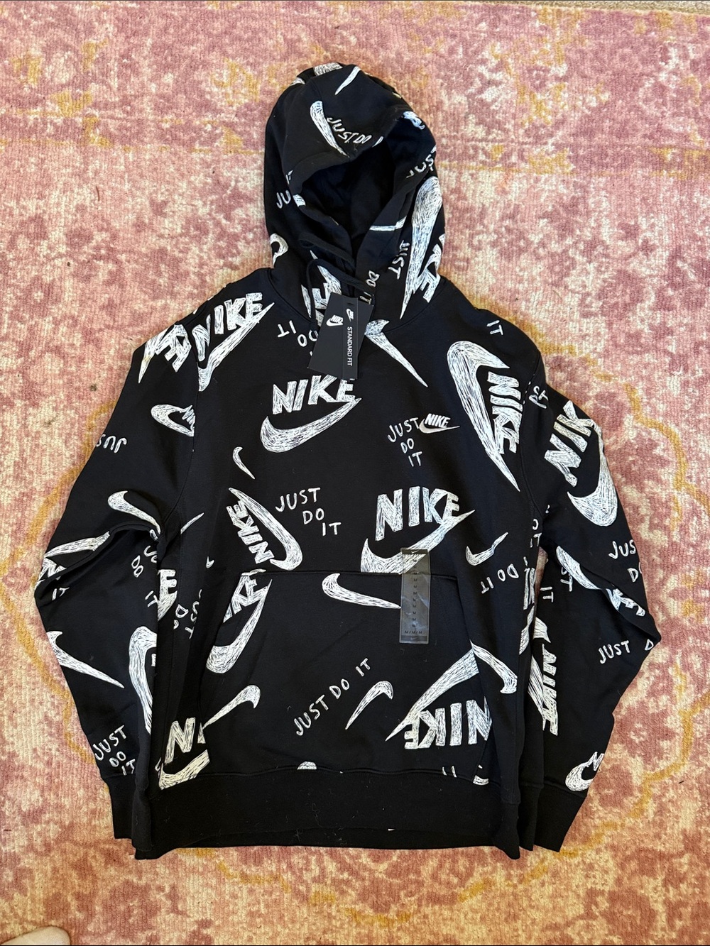 Nike Black Hoodie with White Allover Swoosh and 'Just Do It' Graphics